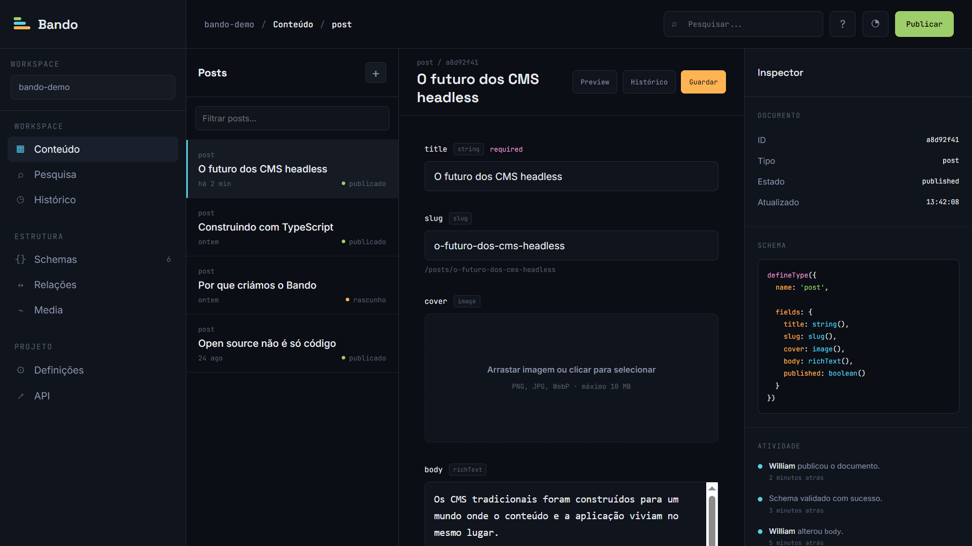 Bando Studio — interface de gestão de conteúdo